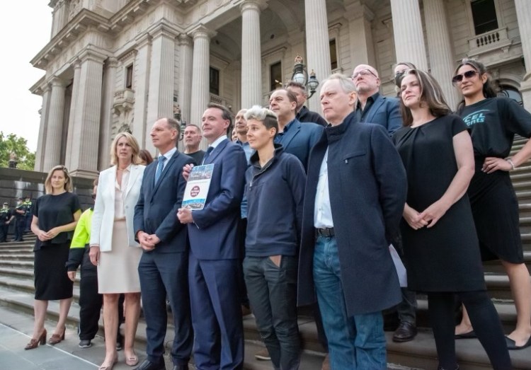 Events industry group take a stand outside Victorian Parliament last week as jobkeeper set to end