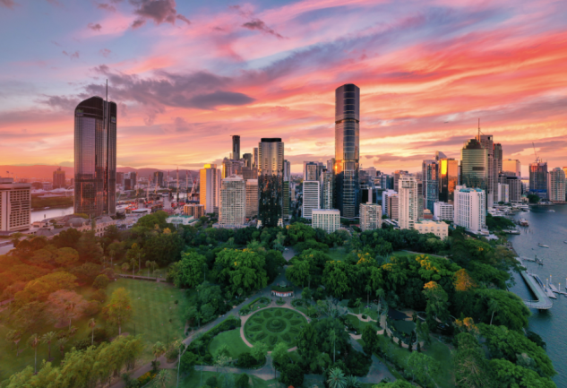 Brisbane skyline at sunset.