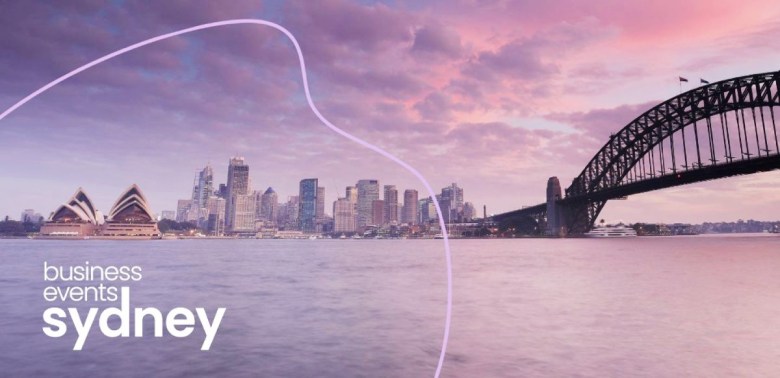 A photo of Sydney Harbour with the new BESydney branding