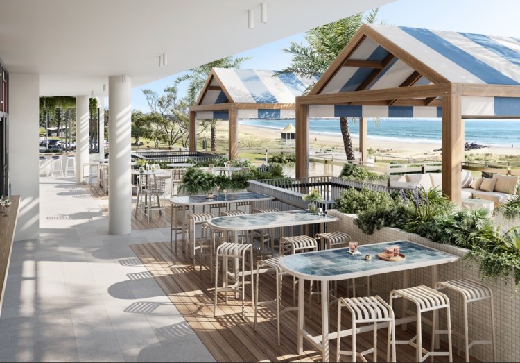 Tables and chairs outside the Kirra Beach Hotel