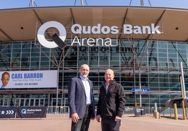 Qudos Bank Arena GM Steve Hevern and Foodbank CEO John Robertson