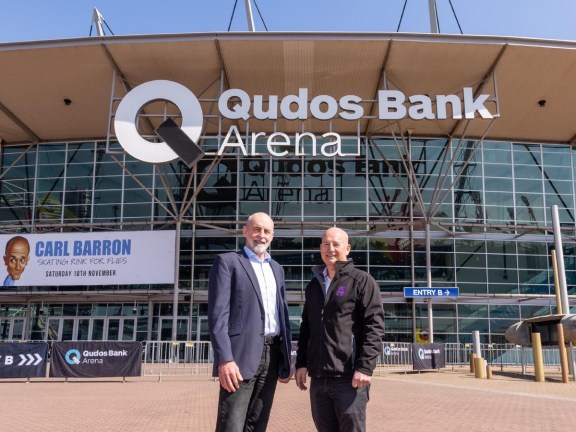 Qudos Bank Arena GM Steve Hevern and Foodbank CEO John Robertson