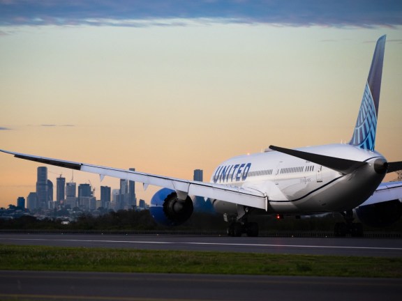 A United Airlines plane taking off at Brisbane Airport