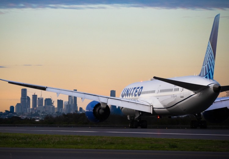 A United Airlines plane taking off at Brisbane Airport