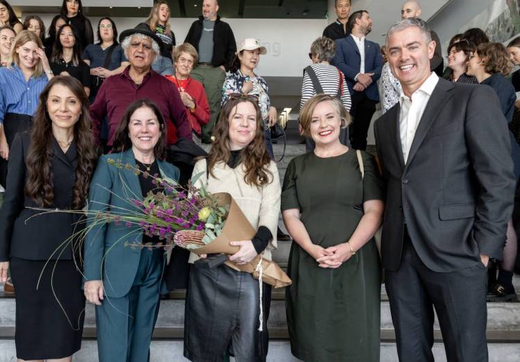 MCA Australia Chair Lorraine Tarabay, MCA Australia Director Suzanne Cotter, 20 millionth visitor Alana Hunt, City of Sydney Councillor Linda Scott, NSW Arts Minister John Graham. Photo: Jacquie Manning