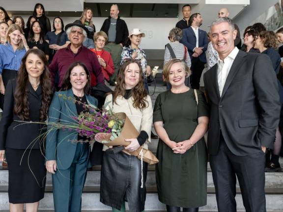 MCA Australia Chair Lorraine Tarabay, MCA Australia Director Suzanne Cotter, 20 millionth visitor Alana Hunt, City of Sydney Councillor Linda Scott, NSW Arts Minister John Graham. Photo: Jacquie Manning